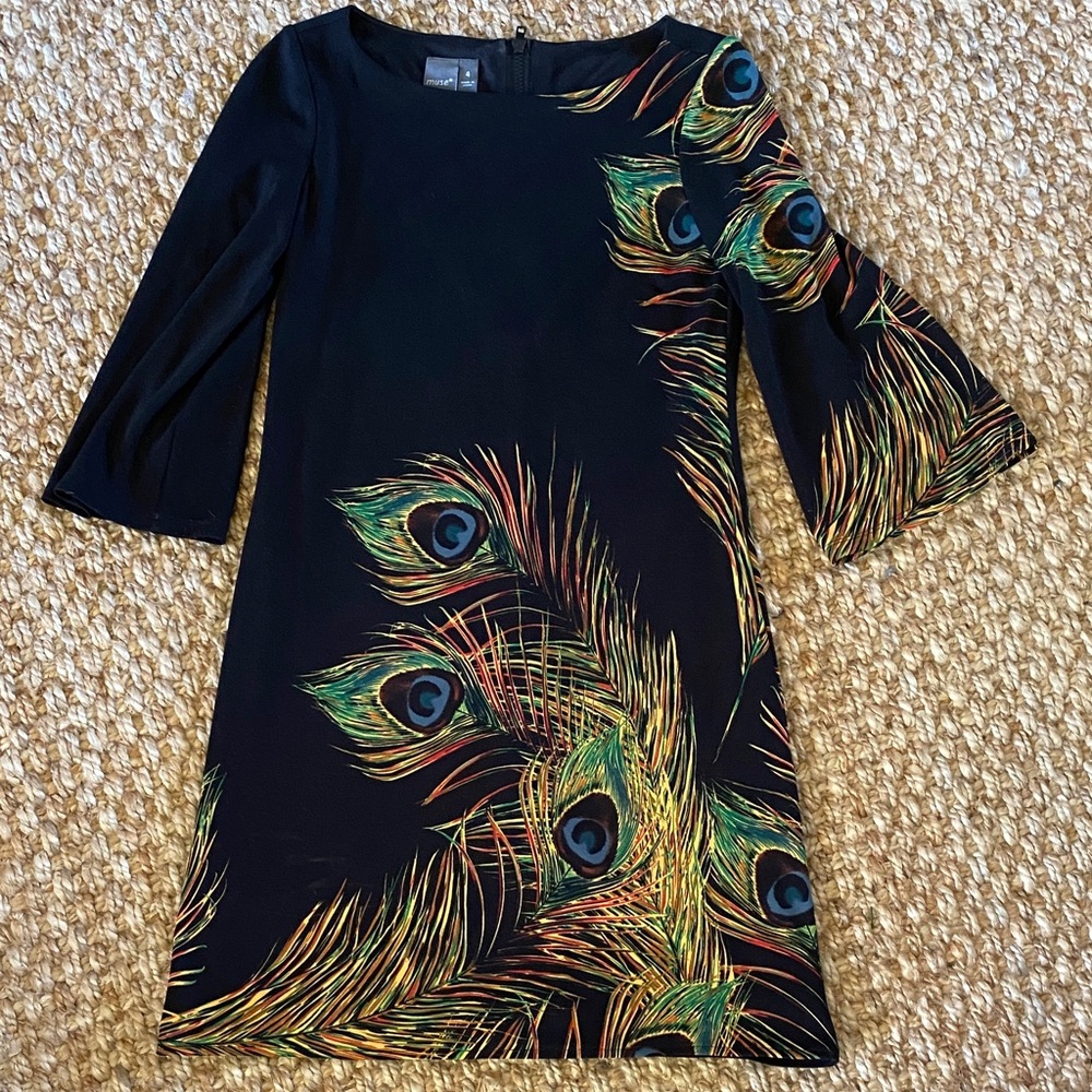 Muse Black Shift Dress with Peacock Feather Print 4